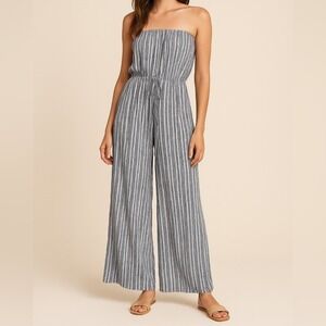Elan Womens Strapless Wide Leg Jumpsuit Blue White Leaf Stripe Small Boho